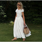 Bonnyshow  Solid Pleated Short Sleeve Women Dress Minimalist Waist Loose Skirt 2025 Summer Casual Female Vestido Daily Commuting Lady Robe
