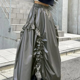 Bonnyshow Gray Shirring Maxi Skirts for Women Fashion High Waist Irregular A-line Skirt Autumn Winter Vintage Ruffle Y2K Skirt