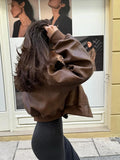 Bonnyshow Short Leather Women's Jacket Casual Vintage O-neck Women Coat Loose Long Sleeve Women Jackets New Fashion Autumn Female Coats