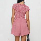 Bonnyshow  Women Y2k Gingham Playsuit Short Sleeve Smocked Babydoll Bodysuit Rompers Flowy A-Line Club Dress Retro Streetwear