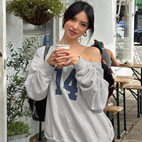 Bonnyshow Fashion Number Print Baggy Thin Hoodies One Shoulder Long Sleeve Tees Casual Loose Pullovers Women Clothing Fall 2024