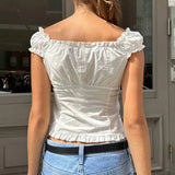 Bonnyshow  Preppy Button Down Blouse Tops Y2k Vintage Cap Sleeve Women T-shirt 00s Fairy Frill V Neck Crop Tops Milkmaid Vest