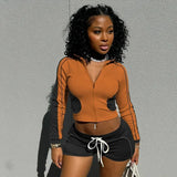 Bonnyshow Patchwork 2 Piece Set Women Tracksuits Zip-up Long Sleeve Cropped Jackets Top + Drawstring Shorts Casual Sporty Suits