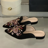 Bonnyshow  Summer Pointed Toe Women Slippers Fashion Vintage Embroidery Square Low Heels Party Dress Mules Shoes