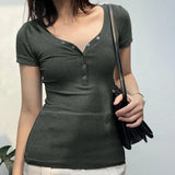 Bonnyshow Women's Sexy V-Neck T-shirt New Solid Summer Short Sleeve Tees Fashion Button Top Casual Slim Streetwear Female Knitted T-shirt