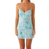 Bonnyshow  Women s Sequin Floral Embroidered Sleeveless Mini Dress with Cross Back Spaghetti Straps for Summer Beach Party