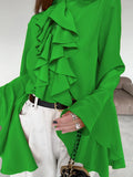 Bonnyshow Round Neck Flared Sleeve Ruffled Women's Shirt White Chiffon Design Sense Summer New Fashionable Long Sleeve Shirt