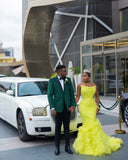 Bonnyshow Striking Neon Yellow Mermaid Evening Dresses With Big Volume Tulle Bottom Aso Ebi Stylished Long Prom gowns Bridal Dress