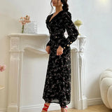 Bonnyshow  High Waist Floral Long Dress For Women Ruffled Splice Laple Long Sleeve Party Vacation Clothes Lady Retro Elegant Dress
