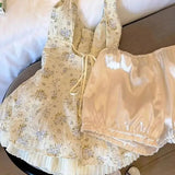 Bonnyshow  Two-Piece Floral Suspender Dress Slim Leggings For Women Summer New Holiday Dress French Princess Short Party Dresses