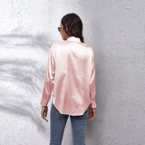 Bonnyshow  Women Spring Autumn Style Satin Blouses Shirts Lady Casual Long Sleeve Turn-down Collar Solid Color Blusas Tops