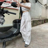 Bonnyshow Street Fashion Pocket Cargo Pants Women Loose High Waist Thin Sweatpants All-match Korean Style Lazy And Handsome Trousers