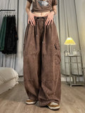 Bonnyshow Vintage Brown Cargo Pants for Women Korean Style Kip Pop Wide Leg Trousers Pockets Oversized Streetwear Female Fashion