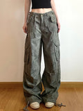 Bonnyshow Print Camouflage Cargo Jeans Women Pockets Mid Waist Vintage Preppy Hippie Straight Denim Pants