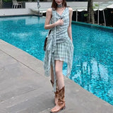 Bonnyshow  Fashionable Irregular Mini Dress Female Clothing Plaid Summer New Swinging Collar Drawstring Hotsweet Sleeveless Vintage Dresses