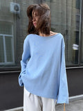Bonnyshow  Solid Knitted Loose Backless Sweater Women Autumn New Scoop Neck Long Sleeve Sweaters Simple Casual Fashion Pullover Jumper Tops