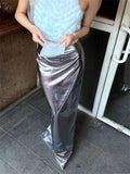 Bonnyshow  Fashion Silver Long Skirt High Waist Luxury For Women Slim Streetwear Summer Sheer Sexy High Street Outfits Maxi Skirts