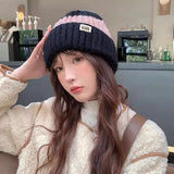 Bonnyshow Korean Striped Beanie Cap for Women Winter Warm  Wool Knitted Hat Outdoor Windproof Female Ear Protection Caps Bonnet