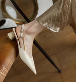 Bonnyshow  French Satin Style Sandals 2025 Spring Women New Baotou Mid Heel Design Luxury Pointed Versatile Single Shoes