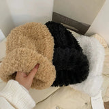 Bonnyshow Winter Plush Knitted Beanie Cap for Women Korean Thicken Warm Pullover Hat Female Girls Outdoor Solid Color Ear Protection Hats