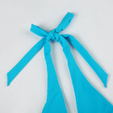 Bonnyshow  Sexy Solid Beach Halter Neck Suit Bodycon Vintage Harajuku Blue Drawstring Elastic Set Slim Vacation Bikini Set
