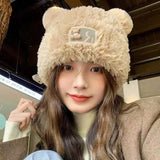 Bonnyshow Cute Bear Beanie Cap for Women Winter Warm Thick Knitted Plush Hat Korean Cartoon Female Ear-Protection Hats