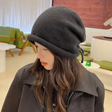 Bonnyshow Winter Warm Knit Baggy Beanie Hat for Women Drawstring Slouchy Wool Cap Female Soft Skullcaps Korean Windproof Bonnet