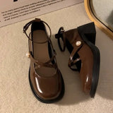 Bonnyshow  Women Loafers Retro Brown Mary Jane Shoes Women Pu Leather Thick Heels Lolita Shoes Woman Uniform Pumps Ankle Buckle Shoes