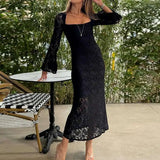 Bonnyshow  Spring Summer Women Square Collar Party Elegant Lace Patchwork Simple Maxi Dress, Long Flare Sleeve Fashion Ladies Dress