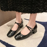 Bonnyshow  High Heels Women's Silver Lacquer Leather Belt Buckle Middle Heel Shoes Retro Style Mary Shallow Mouth Jane Women's Shoes