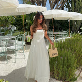 Bonnyshow  Fashion White Pleated Long Dress Women Elegant Sleeveless Square Collar A-line Maxi Dress Lady 2025 Summer Chic Street Vestidos