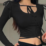 Bonnyshow Women Tees Spring New O-Neck Solid Long Sleeves Sexy Tees Top Streetwear Casual Slim Fashion Streetwear Bandage Female T-shirt