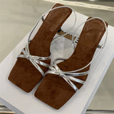 Bonnyshow  New Design Narrow Band Women Sandals Summer Square Open Toe Thin Heels Party Dress Slip-on Ladies Shoes