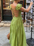 Bonnyshow  Olive Green Off Shoulder Puff Sleeve Maxi Dress Women Ruched Elastic Waist 2025 New Summer Beach Vacation Date Lady Vestidos