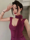 Bonnyshow  Korean Summer New Style Sexy T-Shirts Slim Coquette V-Neck Tees Purple Crop Top Three-Dimensional Flower Aesthetic High Street