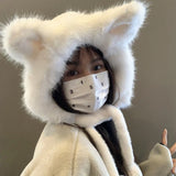 Bonnyshow Cute Plush Winter Hat for Women Cartoon Warm Female Ear Protection Cap Korean Solid Color Thicken Faux Fur Girl Ski Bonnet