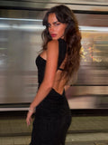 Bonnyshow  Sexy Halter Backless Dress Women Summer Elegant Strapless Sleeveless Double-Deck Pleated Midnight Club Party Bodycon