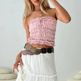 Bonnyshow  Plaid Strapless Tube Tops Elastic Ruched Off Shoulder Crop Tops Bandeau 90s Vintage Backless Y2K Tank Vest Women