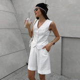 Bonnyshow Summer Women's  V-neck Vest Shorts Two-Piece Set Fashionable Chic White Base Style Loose Shorts Suits Versatile