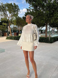 Bonnyshow  Women's Ruffled Long Sleeve Tops Elegant Round Collar Loose Blouse Decorative Layered Shirts Summer Beach Party Street Wear