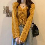 Bonnyshow  Korean Chic Knit Hollow Out Pullovers Women Drawstring Lace Up V Neck Top Spring Summer Baggy Long Sleeves All-Match Crop Jumper