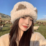Bonnyshow Cute Cat Ears Beanie Hats for Women Autumn Winter Warm Plush Knitted Cap Cartoon Thick Faux Fur Female Cycling Hats