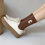 Bonnyshow 5 Pairs/Set Coffee Color Socks Women Korean Letter C Middle Tube Socks Autumn Winter Warm Cotton Female Sport Socks
