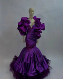 Bonnyshow Real Image Dark Purple Mermaid African Evening Dresses With Handmade Flower Details Puffy Sleeves Nigerian Long Evening Gowns