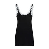 Bonnyshow  U Neck Flower Splicing Sling Mini Dress Women Black Sleeveless Backless Bodycon Dresses Summer New Lady Vocation Streetwear