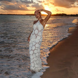 Bonnyshow  Retro Knitted Hollow Halter Beach Dress Lady Sexy Backless Sleeveless Lace Up Slim White Long Dresses Female Summer Chic Holiday