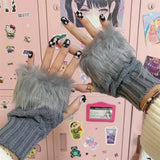 Bonnyshow Japanese Harajuku JK Plush Fingerless Knitted Cuff Gloves Y2K Sleeve Cover  Winter Warm Dew Half Finger Arm Gloves Mittens