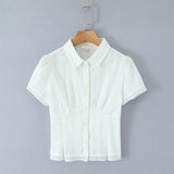 Bonnyshow  Sweet Girl Plaid Shirt Blouse Short Sleeve Lapel Collar Slim Lady Summer Tops