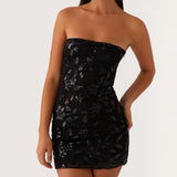 Bonnyshow  Women Y2K Sequin Strapless Mini Dress Sparkly Rhinestone Backless Tube Dress Glitter Floral Bodycon Party Club Dresses
