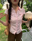 Bonnyshow  Femme Pink Slim Blouse Shirts Summer Women's Fashion Casual Polo Neck Short Sleeve Top Single-breasted Shirt Y2k Coquette